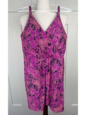 Lands End Swim Dress XL NWOT Pink Purple Tropical Floral Front Crossover